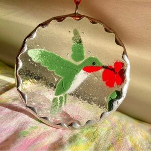 Vintage Hummingbird Ornament with Red Flower